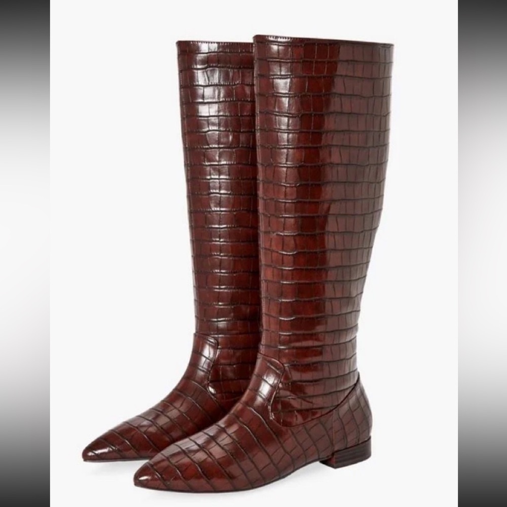 Elegant Brown Croc-Embossed Knee-High Boots